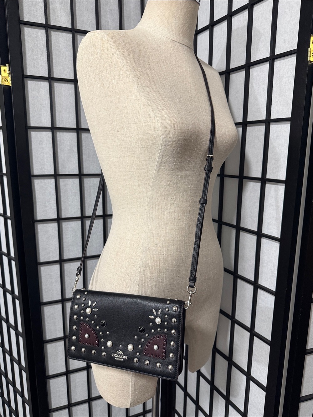 Coach 1941 Western Rivets Foldover Crossbody Wallet Black Studded Leather Bag - Picture 7 of 14